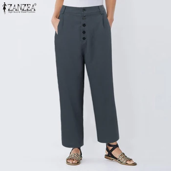 

ZANZEA Women Harem Pants Casual Summer Cotton Linen Pantalon Ladies Work Palazzo Vintage High Waist Solid Long Trousers Turnip 7