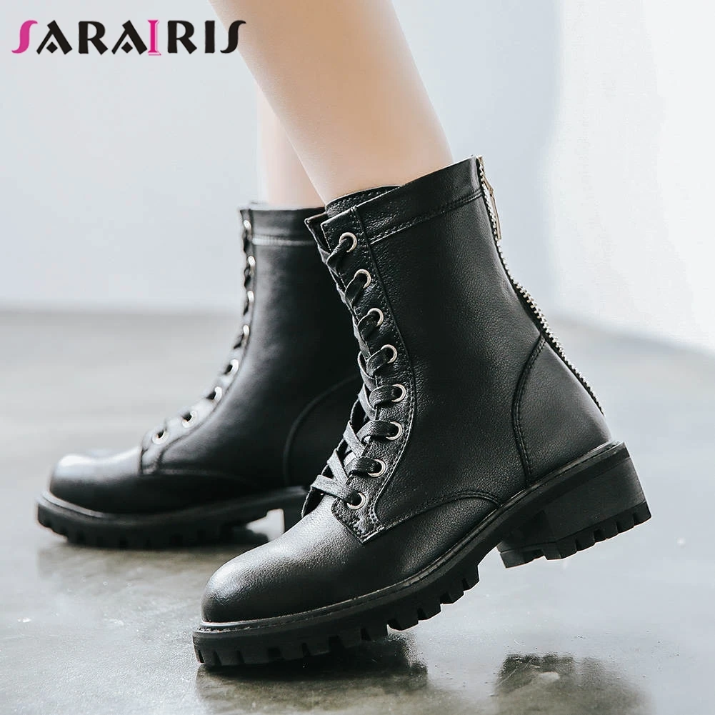 

SARAIRIS Boots Women Chunky Heel Rubber Sole Back Zip Shoes Woman Military Western Dress High Top Ankle Boots