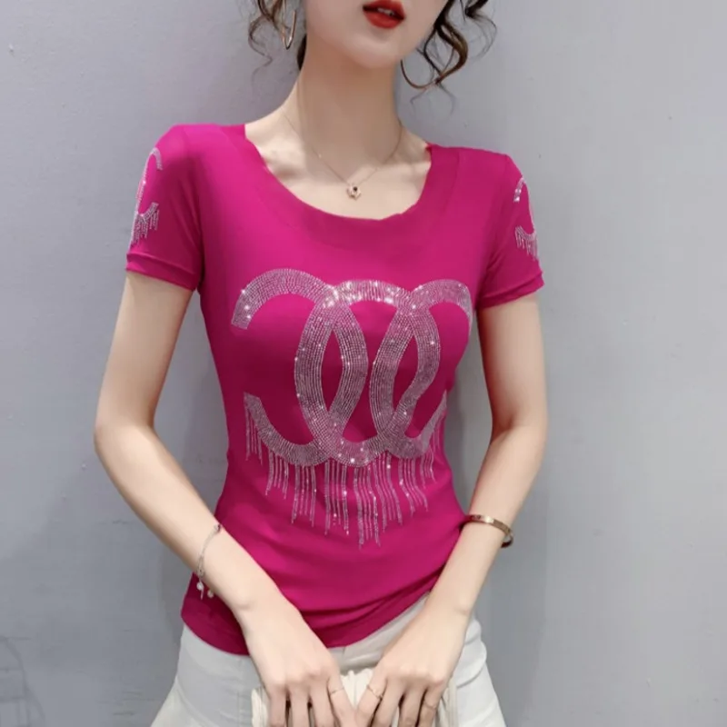 7102summer Short Sleeve T Shirt Diamonds Women Oneck Casual Basice T