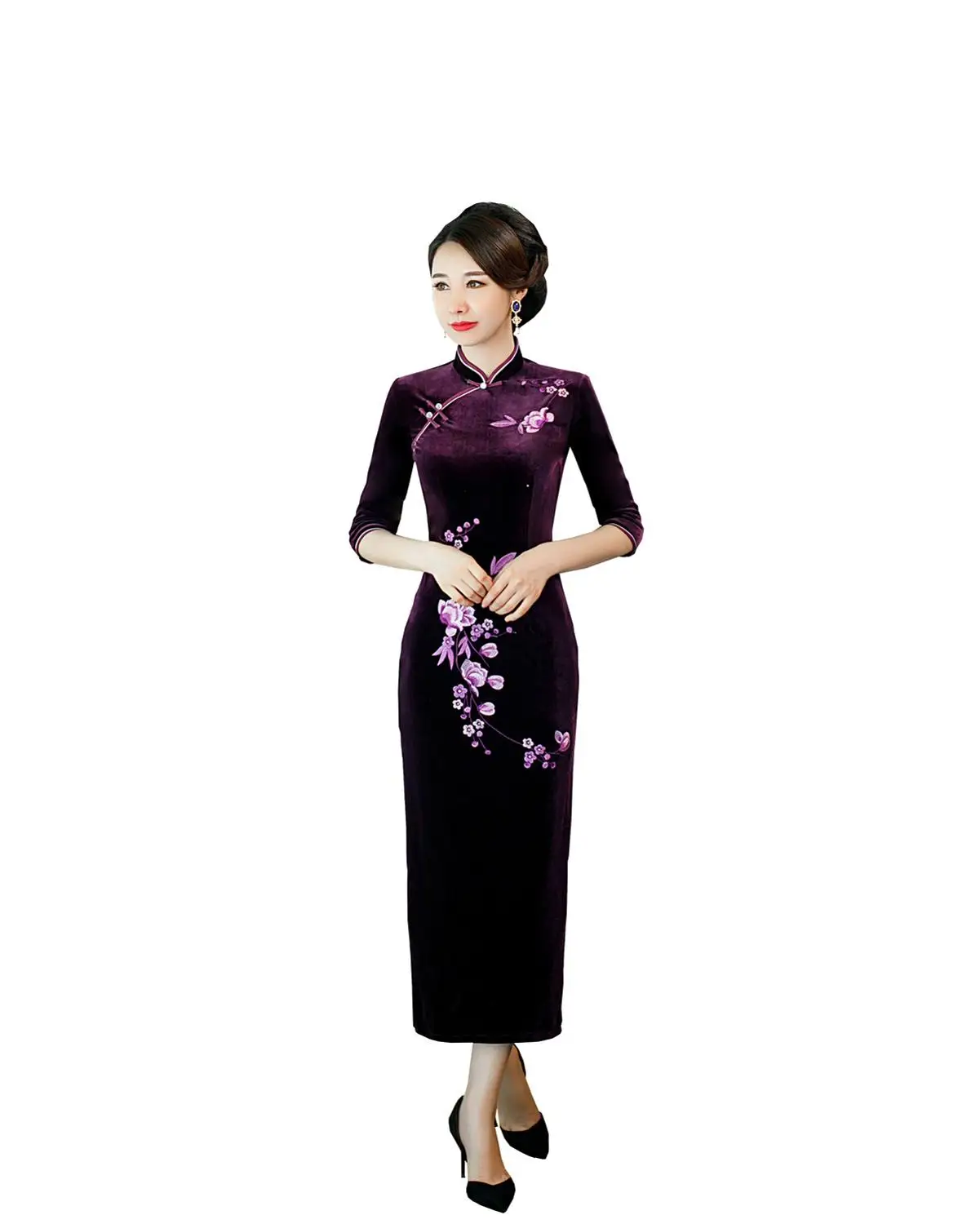 Фиолетовый Shanghai Story/Новое поступление 3/4, длинное платье Qipao с рукавами бархатное китайское платье с разрезами по бокам и воротником-стойкой, с цветочной вышивкой, китайское женское платье 3 цвета - Цвет: Фиолетовый
