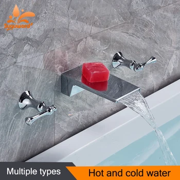 

Suguword LED Chrome Newest 3 Holes Basin Sink Faucet Hot and Cold Switch Mixer Tap Dual Handle Ceramic Valve more Type torneira