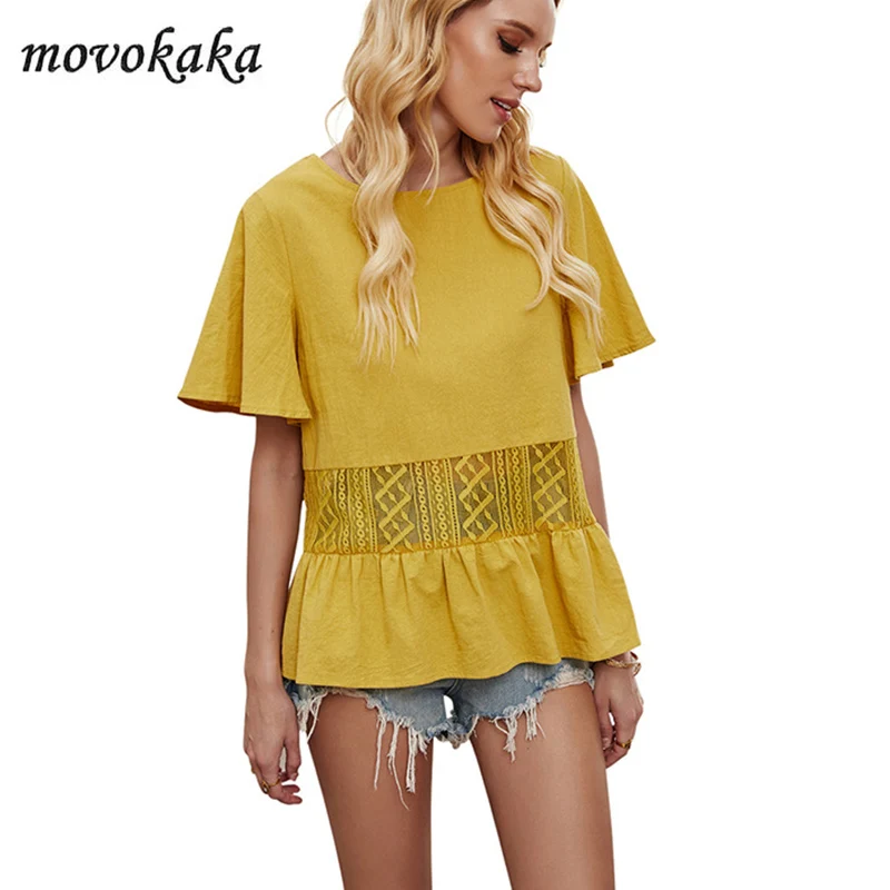 

MOVOKAKA New Yellow Blouse Women Summer Casual Women's Shirt Patchwork Blouses Shirt Fashion Mesh Loose Women's Blouses Sexy Top