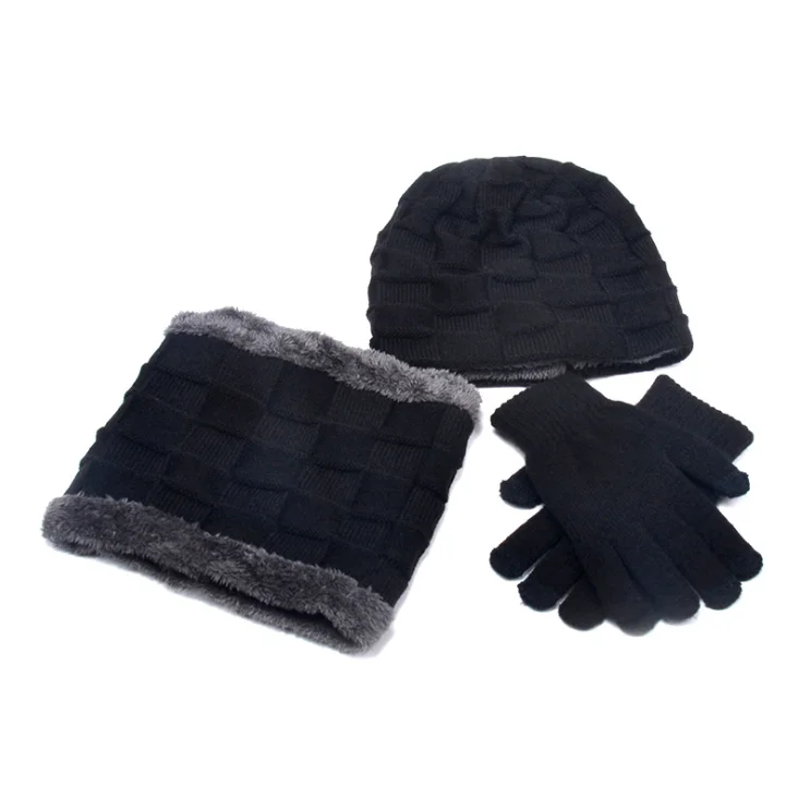 Three-piece black HEFLASHOR Зимняя Шапка-бини для мужчин и женщин, шапка, шарф, теплый шарф и шапка, перчатки, набор для мужчин и женщин, шапка, шарф, набор из 3 предметов, Skullies Beanies - Цвет: Three-piece black