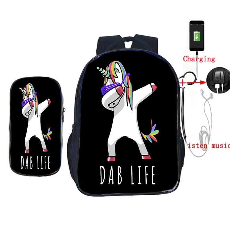 2 шт./компл. Kawaii Единорог школьная сумка USB зарядка мочилы для подростков мальчиков девочек ежедневный рюкзак дорожные сумки - Цвет: 29