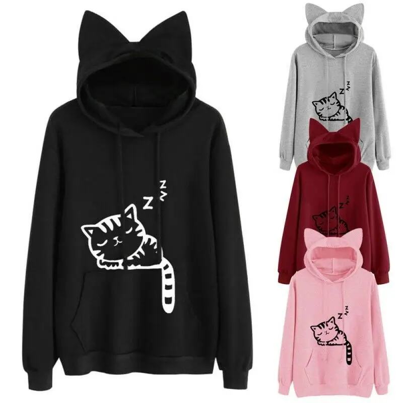 

Hoodie Толстовка Women Cat Printed Long Sleeve Hoodies Pullover Autumn Winter Sweatshirt Tops Warm Спортивный Костюм Женск Dsa1
