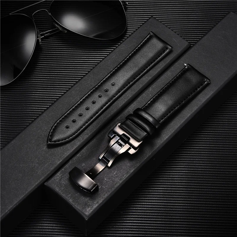 Premium Leather Watchband with Stainless Steel Butterfly Buckle