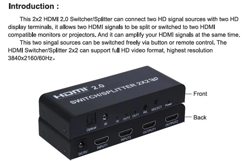 HDMI 2,0 переключатель сплиттер 2x2 3D с оптическим R/L аудио поддержка 4K 60Hz 1080P 4K x 2K 1X2 HDMI сплиттер 1x4 для PS4 ноутбука ПК к телевизору