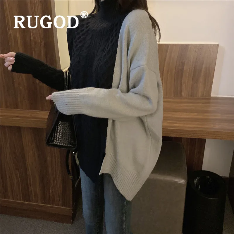 RUGOD, Ретро стиль, контрастный цвет, водолазка, свитер для женщин, корейский стиль, Свободный пуловер, зимний, толстый, твист, свитер, джемпер