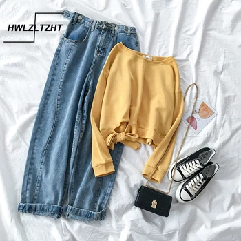 

HWLZLTZHT Autumn Plus Size Two-piece Set High Waist Denim Pants Loose Jeans Candy Colors O Neck Pullover Cotton Top Sweatshirt