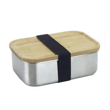 

304 Stainless Steel Wooden Lid Lunch Box Simple Environmental Friendly Japanese Style Lunch Box Square Bamboo Cover Sushi Box