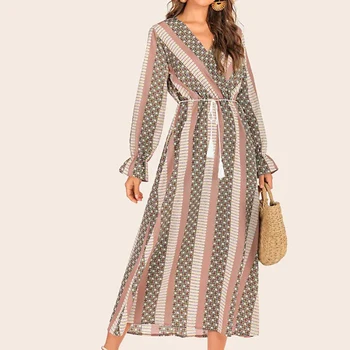 

Autumn Dress Women 2019 New Fashion Casual Color Striped Long Dress Slim Vintage V-Neck Waist Loose Long Sleeve Dress vestidos