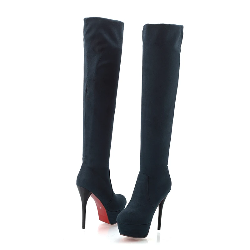 RIBETRINI Sexy Over The Knee Boots Women Flock Round Toe Thin High Heels Platform Boots Sexy Party Club Shoes Woman
