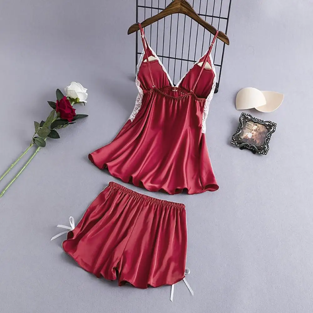 Пижама женская одежда для сна пижама атласная кружевная с v-образным вырезом