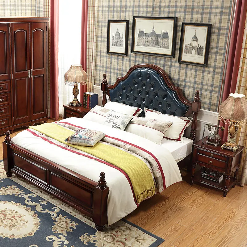 

American-Style Village Wood Bed 1.8 M Double Bed Soft Bag Hide Substance Pressure High Bed with Box American-Style Furniture