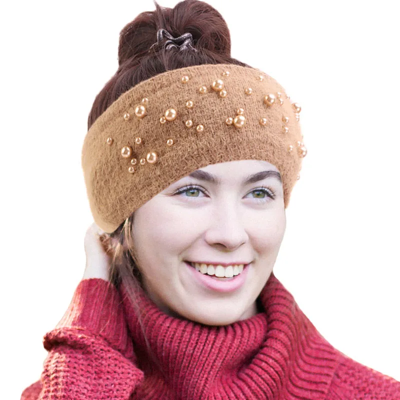 

New Arrival Knitted Winter Ear Warmer Headband Women Headwrap Rabbit Fur Hair Accessories Elegant Imitation Pearls Head Wrap