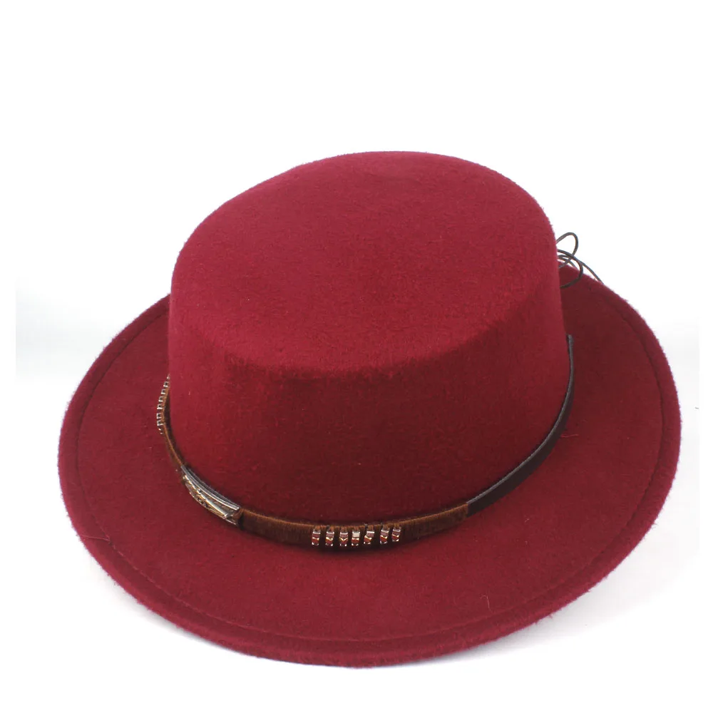 Wine Red Унисекс Мужская и женская гладкая шляпа с поясом Ретро Fedora Шляпа широкая шляпа джаз шляпа размер 56-58 см - Цвет: Wine Red