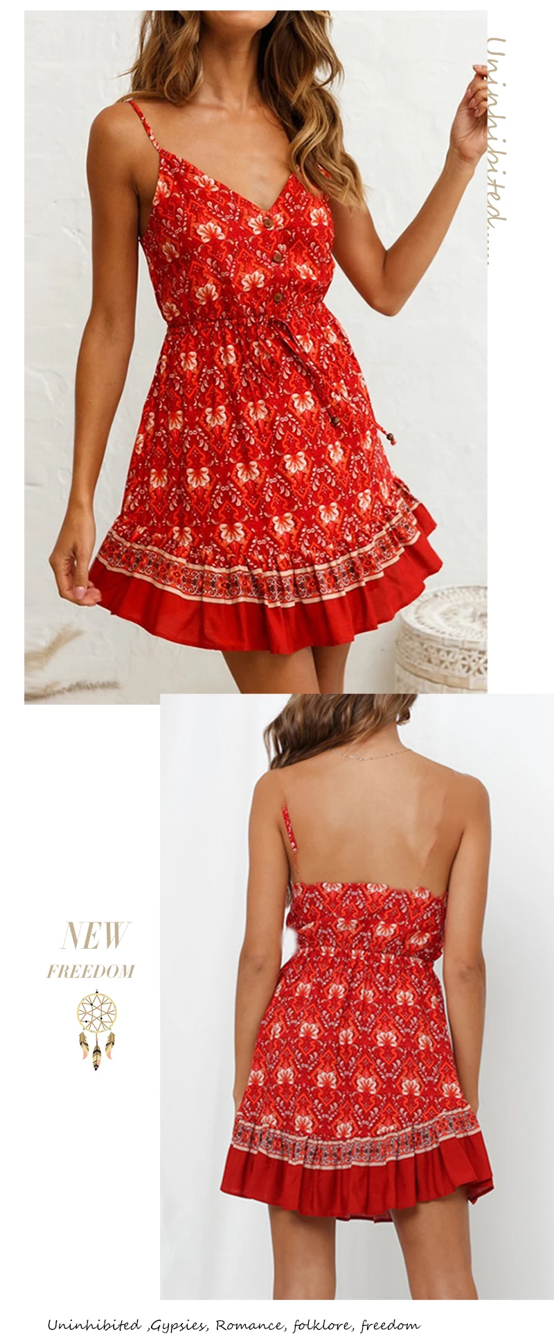 Everkaki, короткие платья для женщин, бохо, цветочный принт, летнее, Vestido, с поясом, для девушек, цыганское, мини платье-комбинация, винтажное, для женщин,, весна, Новинка