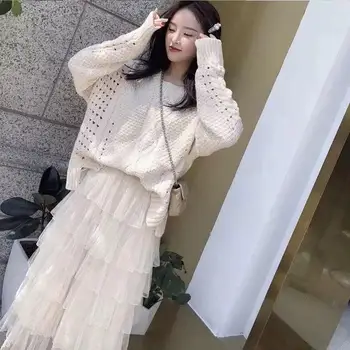 

ICHOIX mesh long Skirt Set holllow out white sweater Women 2 piece set Korean girl two piece outfits winter elegant ladies suit