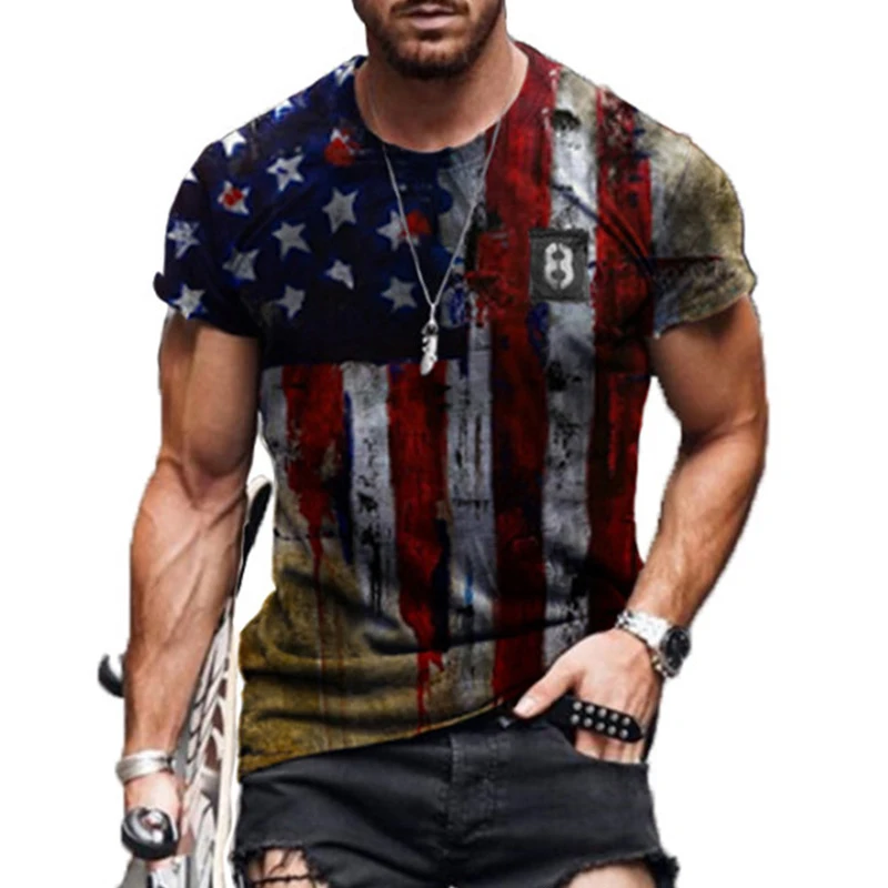 Camiseta con estampado de la bandera americana para hombre, camiseta informal de moda con cuello redondo holgado de talla grande, ropa de calle muscular, camiseta de verano 2021