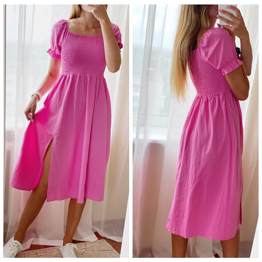 WildPinky Summer Sexy Long Women Dress Solid Backless Club Dress Slash Neck Female Puff Sleeve Ladies Split Party Dress Vestidos