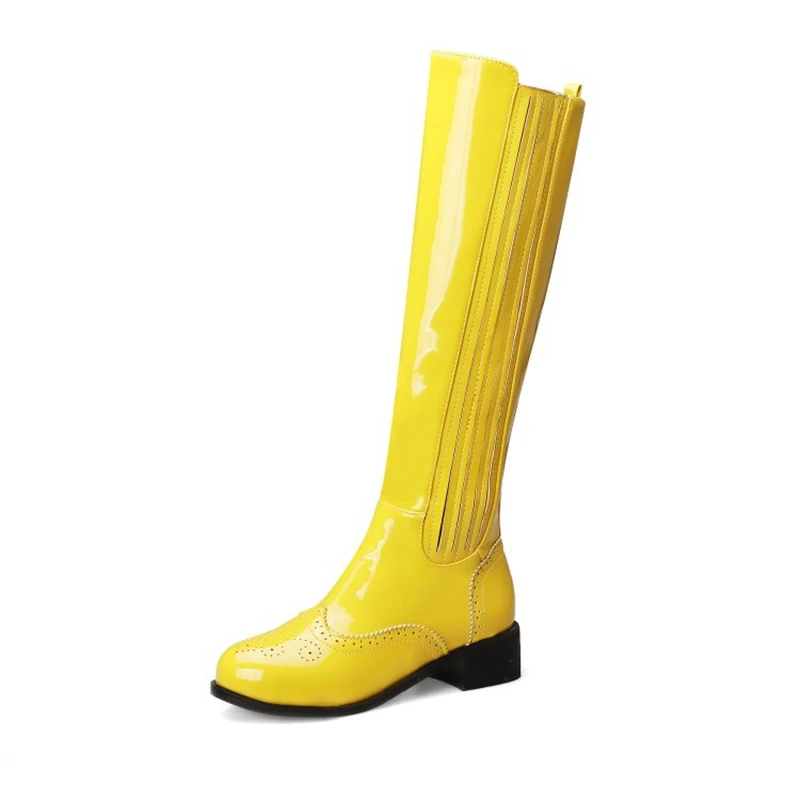 ORCHA LISA/Новинка года; обувь с перфорацией типа «броги»; кожаные сапоги до колена ярких цветов; цвет желтый, фиолетовый, черный; зимняя обувь; обувь для костюмированной вечеринки - Цвет: yellow
