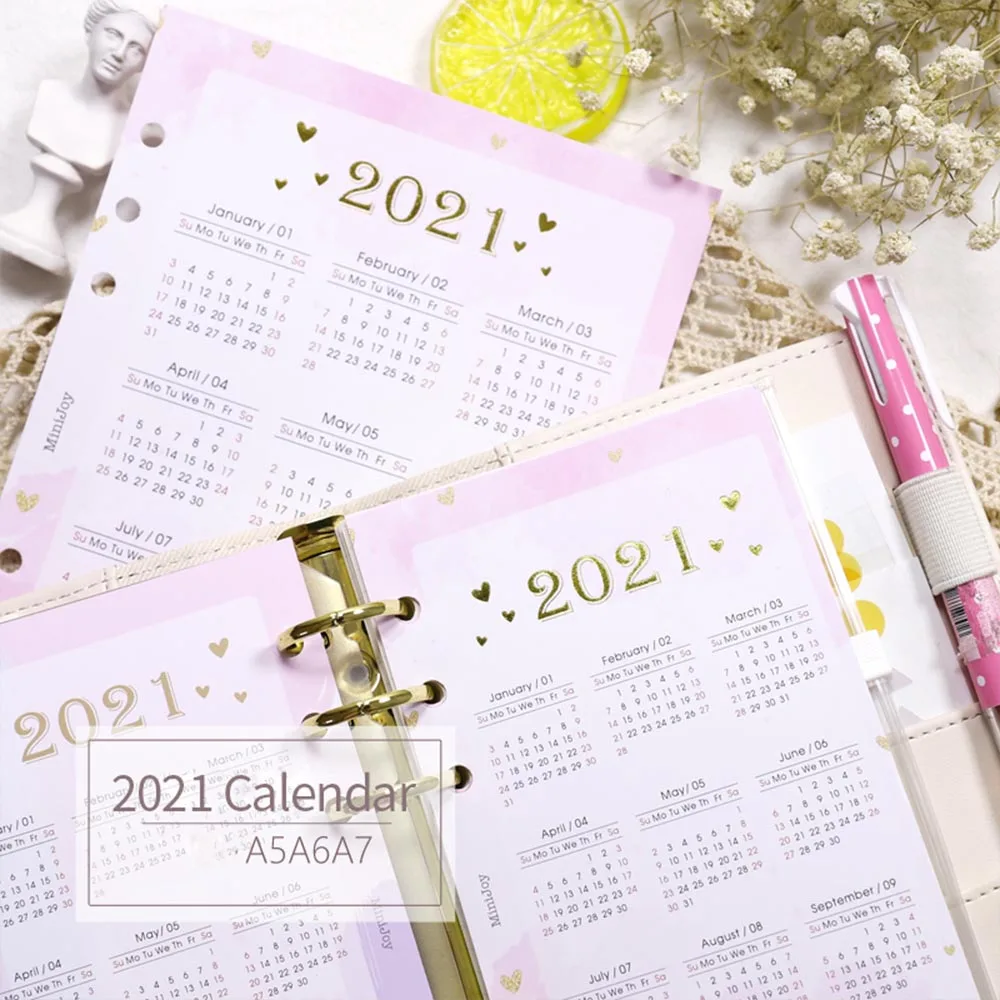

1sheet Pink 6 Holes 2021 Calendar A5 A6 A7 Notebook Index Divider for Diary Binder Monthly Planner Colorful Card Paper