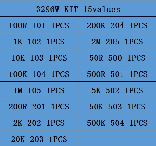 15valuesx1 шт = 15 шт 100ohm-2Mohm 0,5 Вт 3296 3296 Вт переменные резисторы многооборотный Подстроечный резистор регулируемый прецизионный потенциометр комплект