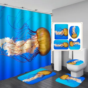 

Shower Curtain 4 Piece set Ocean World Carpet Cover Toilet Cover Bath Mat Pad Set Bathroom Curtain Shower curtain set bath mats