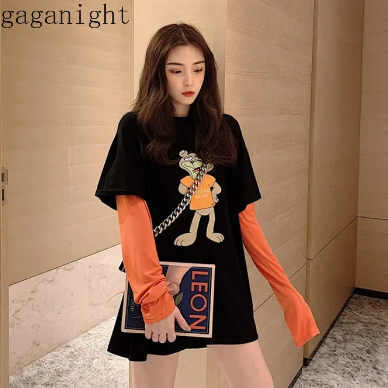 Gaganight/Милая футболка для девочек с рисунком из мультфильма Лоскутные цветные футболки с длинными рукавами и круглым вырезом Harajuku Модные женские футболки Свободные корейские шикарные