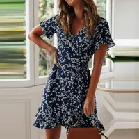 Femmes robes été 2025 Sexy col en V imprimé fleuri Boho Robe de plage à volants manches courtes une ligne Mini Robe portefeuille Robe d'été Robe 5