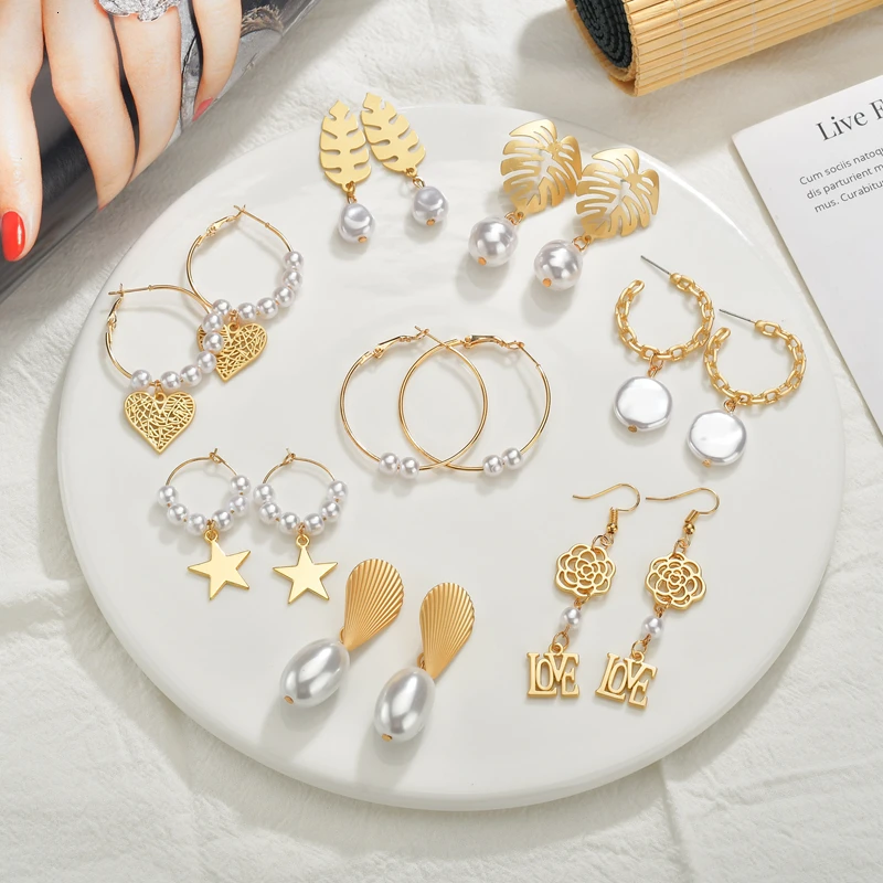

Simple New Heart Round Hollow Big Earrings Korean Simulated pearls Tassel Dangle Drop Earrings For Women Christmas Jewelry