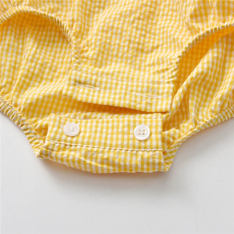 Spanish Baby Girl Plaid Romper Summer Newborn Embroidery Flower Cotton Jumpsuit Infant Baptism Yellow Rompers Toddler Clothes