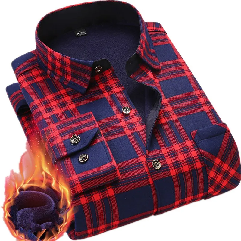 

Casual Winter Long Sleeve Dress Shirt for Men Plaid Warm Thick Velvet Fleece Shirts Soft Flannel Camisa Masculina Asian Size 4XL