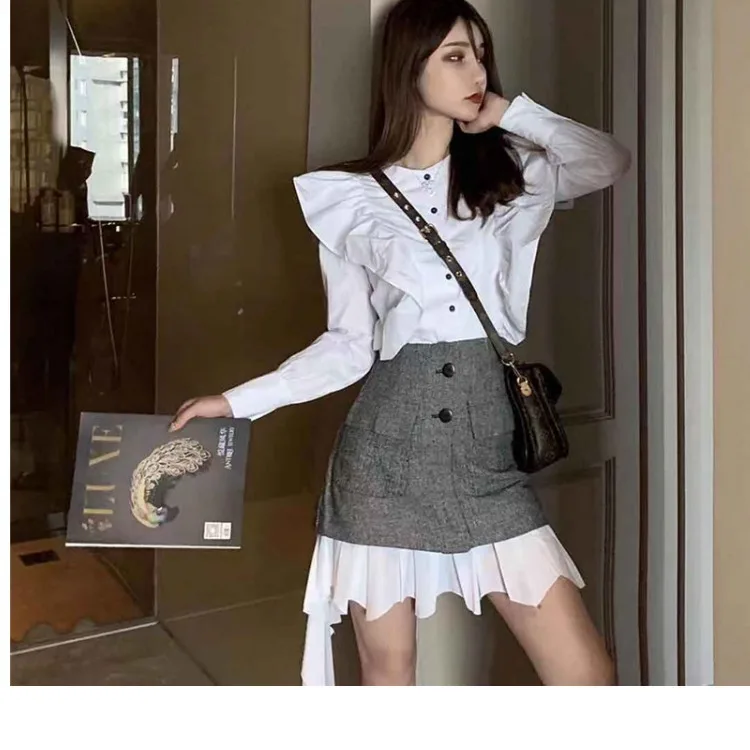 

Photo Shoot 2019 Joint Flounced Long Sleeve Base Shirt + INS Super Fire French Retro Skirt Set