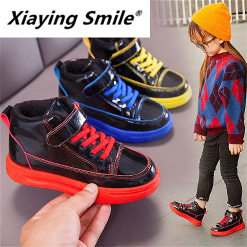 Xiaying Smile детская обувь 19 популярных зимних плюшевых высоких кроссовок для девочек, Повседневная хлопковая обувь для мальчиков, студенческие Кроссовки 8901