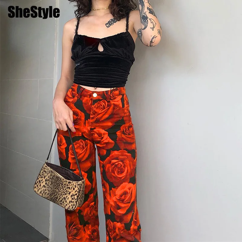 Shstyle/женские прямые брюки с карманами на молнии, с принтом розы, с высокой талией, в стиле хип-хоп, повседневные уличные брюки, модные брюки с цветочным принтом
