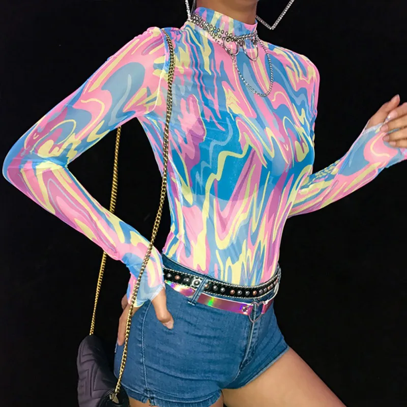 

2019 New Colorful Print Mesh Bodysuit Women Sexy Transparent Skinny Bodysuits Casual Long Sleeve Turtleneck Overalls Rompers