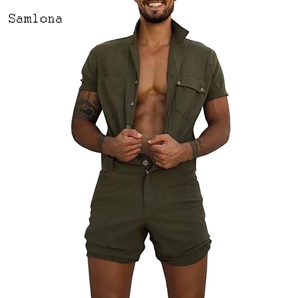 

Cotton Jumpsuit Mens Overalls Casual Lapel Short Sleeve Rompers Solid Color Overall Single Breasted Romper Pocket Short Pants