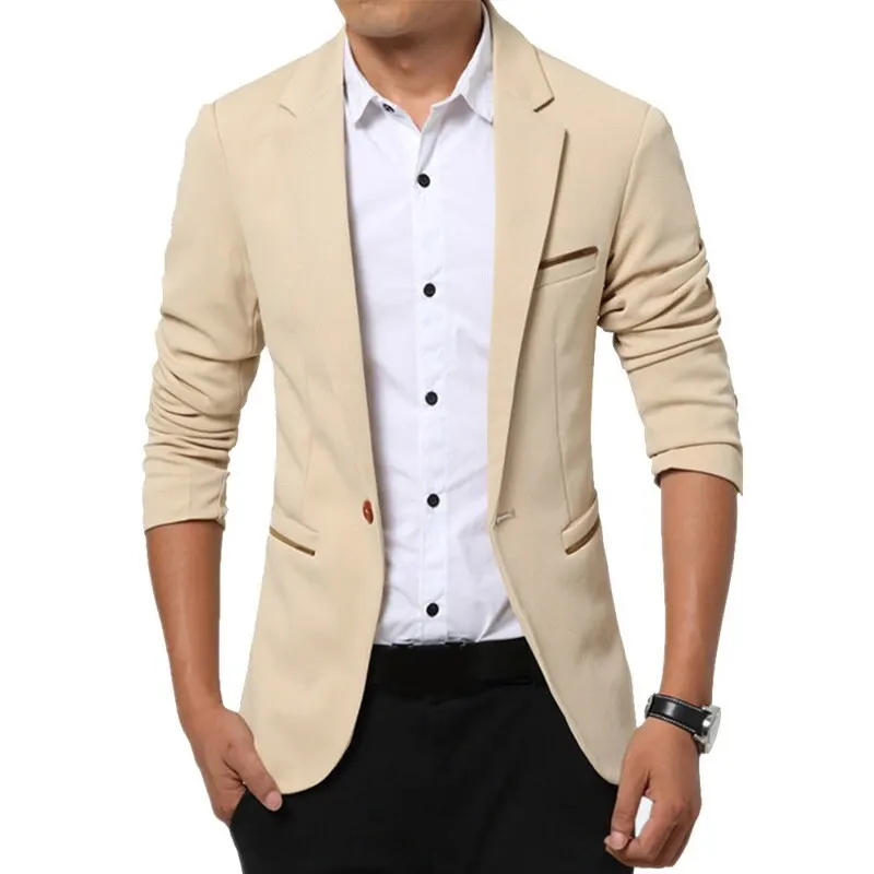 Модный брендовый Мужской Блейзер, деловой пиджак для мужчин, на одной пуговице, повседневный приталенный пиджак, пиджак с карманами, мужской пиджак