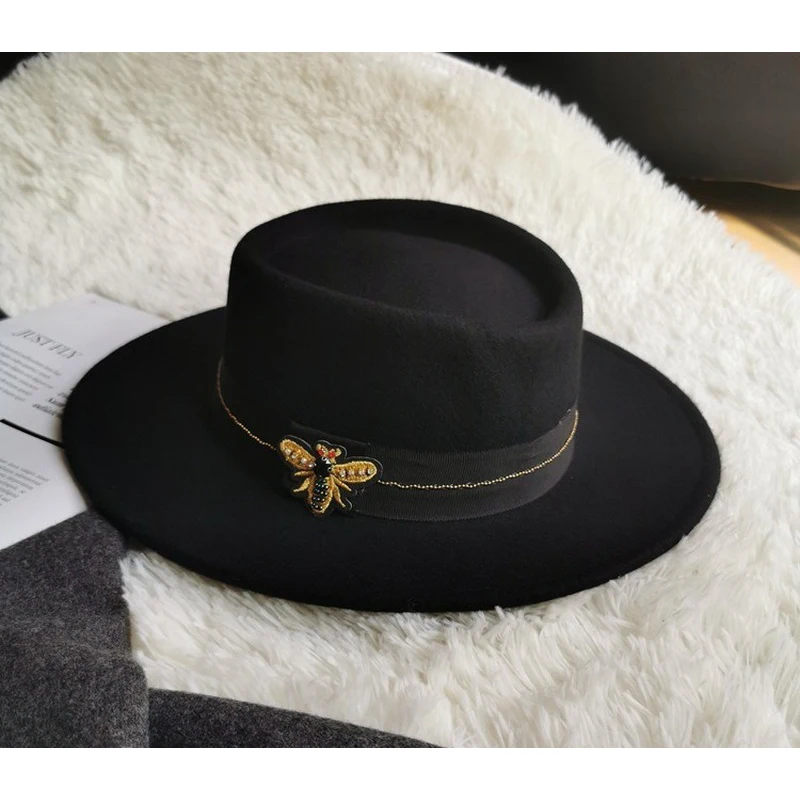 

2019 New Retro Wool Hat Bee Hat Straw Hat Shallow Top Fedora Hat Winter Men's Fedora Cap Womens Hat Felt Hat