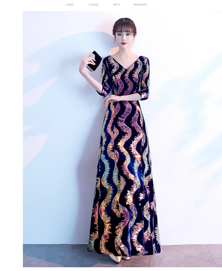 Wei yin AE0262 Robe De Soiree, стиль, трапециевидные Длинные вечерние платья, с блестками, v-образный вырез, половина рукава, элегантные вечерние платья