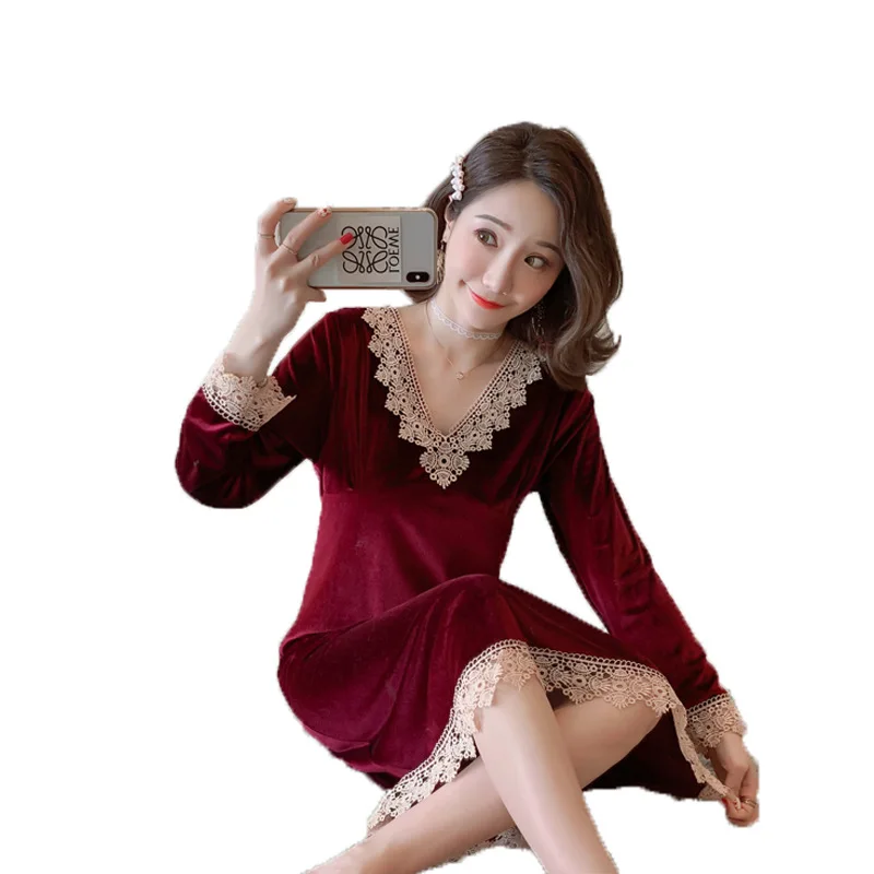 Autumn Winter Thick Sleepshirts Warm Flannel Nightgowns For Women Long Sleeve Coral Velvet Lace Sleepwear Girls Nightdress