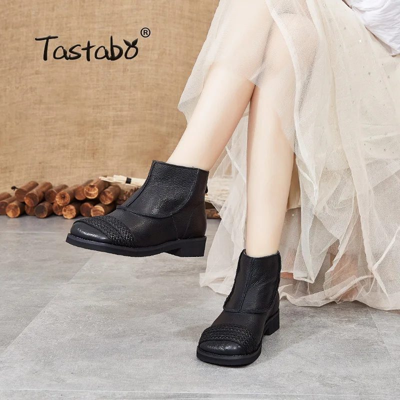 Tastabo Genuine Leather ladies ankle boots Hand-knit style Women's boots Brown Black SH708 Low heel Soft Women's shoes Casual