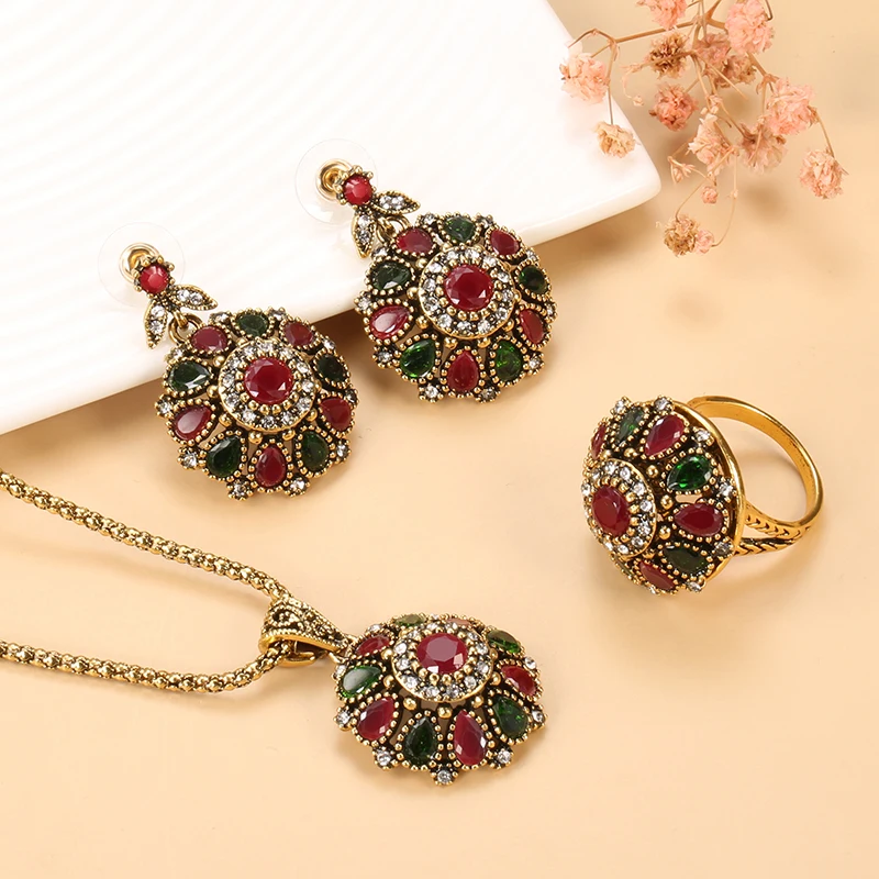 Ethnic Bride Crystal Flower Earring Ring Jewellery Set