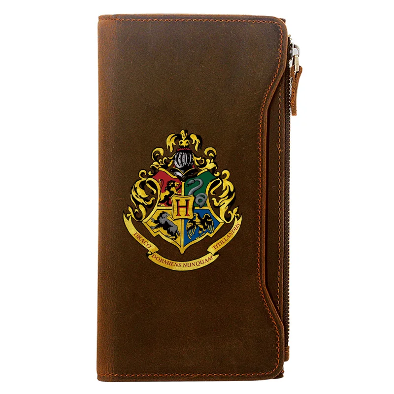 

Classic Vintage Hogwarts Printing Genuine Leather Wallet Men Long Purse With Phone Bag Zipper Card Holder Clutch
