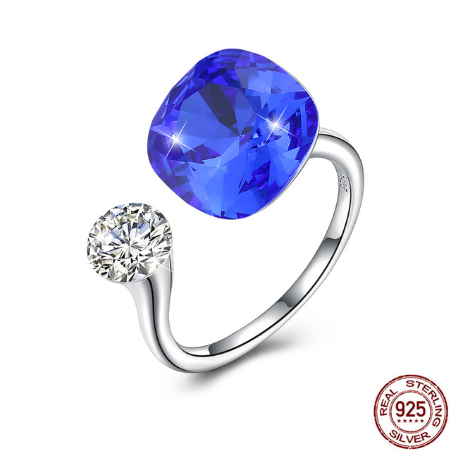 Authentic 925 Sterling Silver Engagement Cubic Zirconia Ring For Women Colorful Square Crystal Open Rings Fine Jewelry