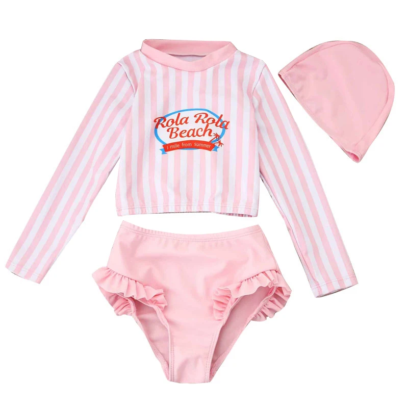 Pink Купальник для девочки от 2 до 10 лет, детский купальный костюм из двух предметов с длинными рукавами и капюшоном с буквенным принтом для девочек, купальный костюм для младенцев, одежда для купания - Цвет: Pink