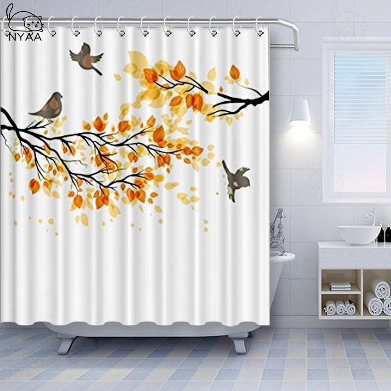 Vixm Fall Shower Curtain Branch with Pale Fall Leaves and Birds Natural