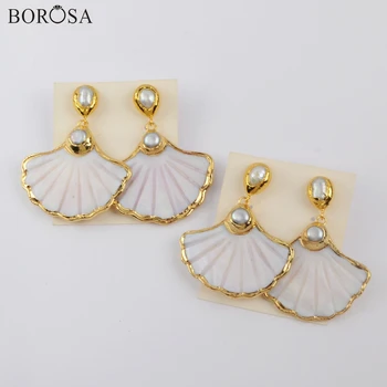 

BOROSA 3/5Pairs Stylish Gild White Shell Earrings with Pearl Beads Fan Handcrafted Pattern Shell Dangle Earrings Jewelry G1897-E