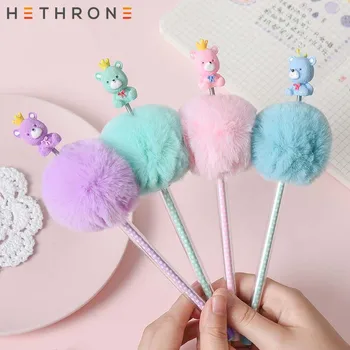 

Hethrone 2pcs Little Plush bear Office Hair ball spring can be shaken Gel pen for school Supplies stylus pen black calligraphy p
